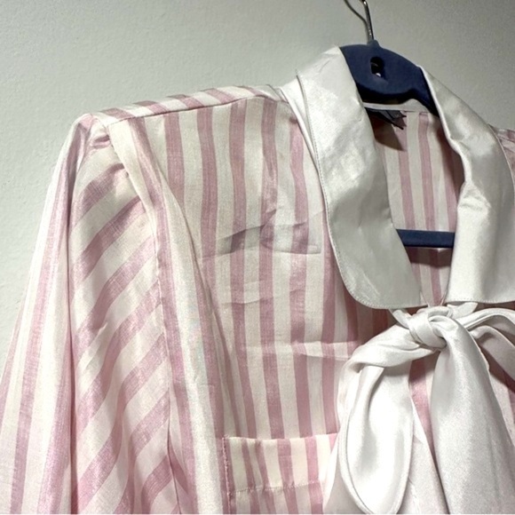 💙 Vintage Savant Pink White Striped Tie Neck Secretary Blouse Size Large Retro - Picture 6 of 16